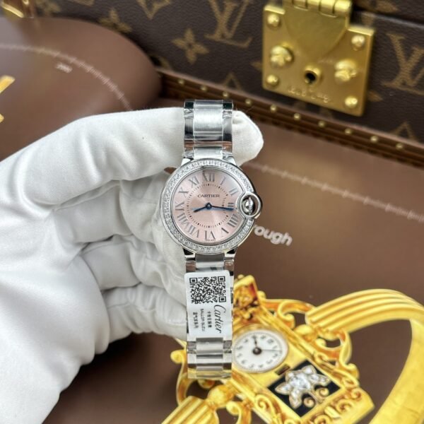 CARTIER BALLON BLEU GOOD IMITATION WATCH PINK DIAL RHINESTONE BEZEL QUARTZ MOVEMENT AF FACTORY 33MM