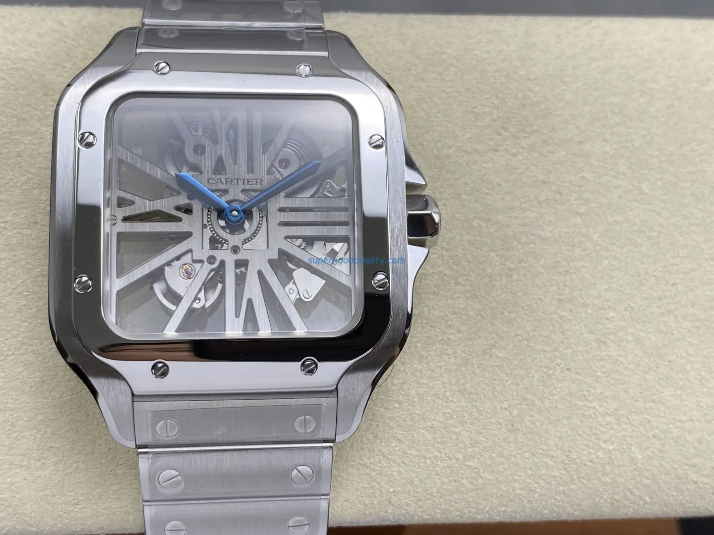 DONG-HO-CARTIER-SANTOS-CHE-TAC-MAT-SO-LO-CO-DAY-THEP-AUTOMATIC-39-17 CARTIER SANTOS BEST REPLICA WATCH SKELETON DIAL STAINLESS STEEL AUTOMATIC 39.8MM - 图片 1