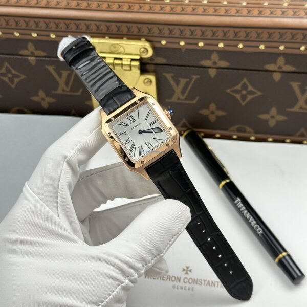 CARTIER SANTOS DUMONT IMITATION LUXURY WATCH ROSE GOLD PLATE WHITE DIAL LEATHER STRAP 43.5X31.4MM