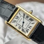 CARTIER TANK LOUIS HIGH END REPLICA WATCH GOLD PLATE WHITE DIAL BLACK LEATHER STRAP 27.8X38.1MM - 图片 4