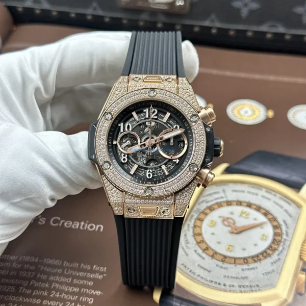 HUBLOT BIG BANG UNICO KING GOLD GOOD IMITATION WATCH ROSE GOLD PLATE RHINESTONE FULL CASE SKELETON DIAL 45MM