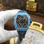 RICHARD MILLE RM35-03 GOOD IMITATION WATCH BLUE PASTEL QUARTZ CASE SKELETON DIAL RUBBER STRAP 43.2X50MM