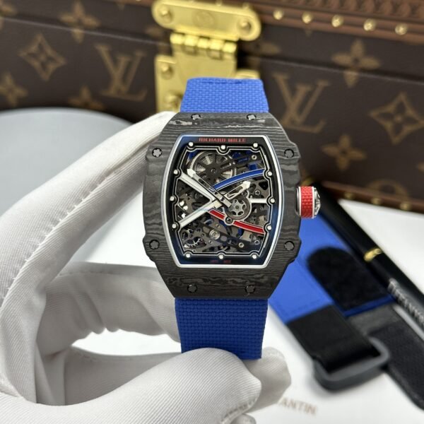 RICHARD MILLE RM67-02 SUPER CLONE WATCHES BLACK CARBON CASE SKELETON DIAL BLUE RUBBER STRAP 38.7X47.52MM