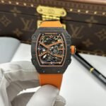 RICHARD MILLE RM67-02 REPLICA WATCHES ORANGE SKELETON DIAL BLACK CARBON CASE 38.7X47.52MM