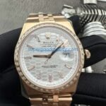 3B Factory Rolex 127385TBR 0003 Replica – Rose Gold Diamond Bezel Honeycomb Dial